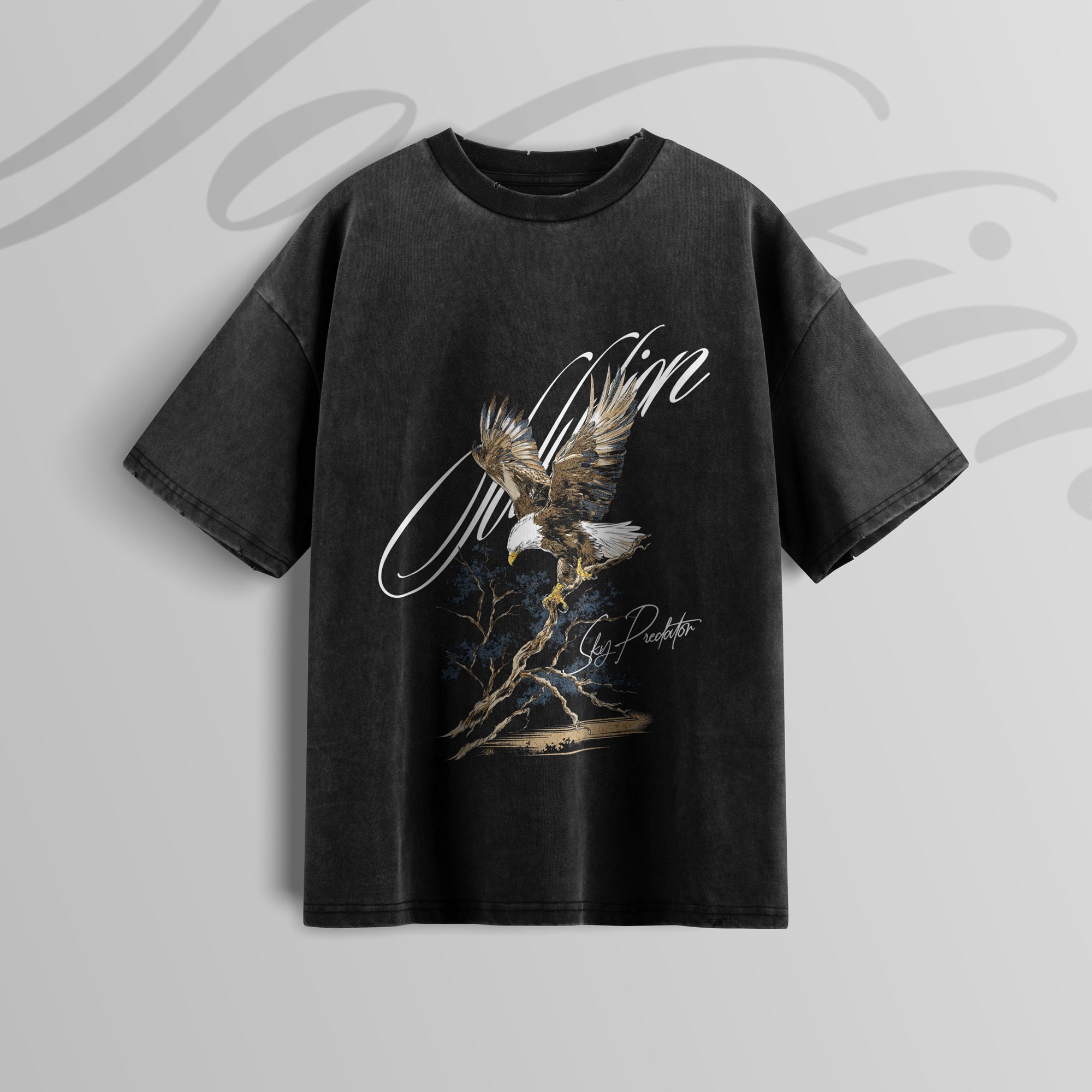 Black t-shirt with eagle graphic design on a gray background