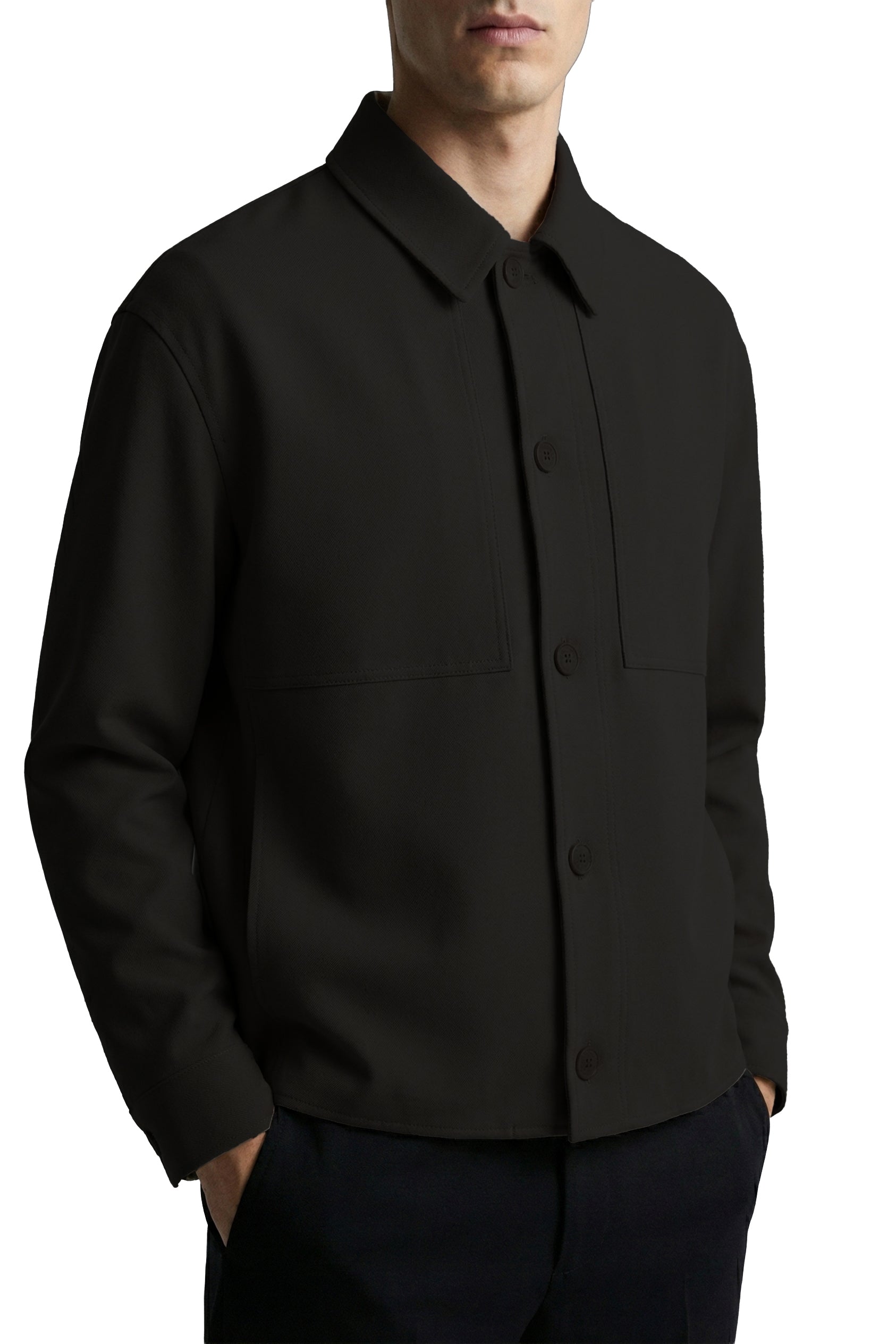 Black jacket worn by a person on a white background