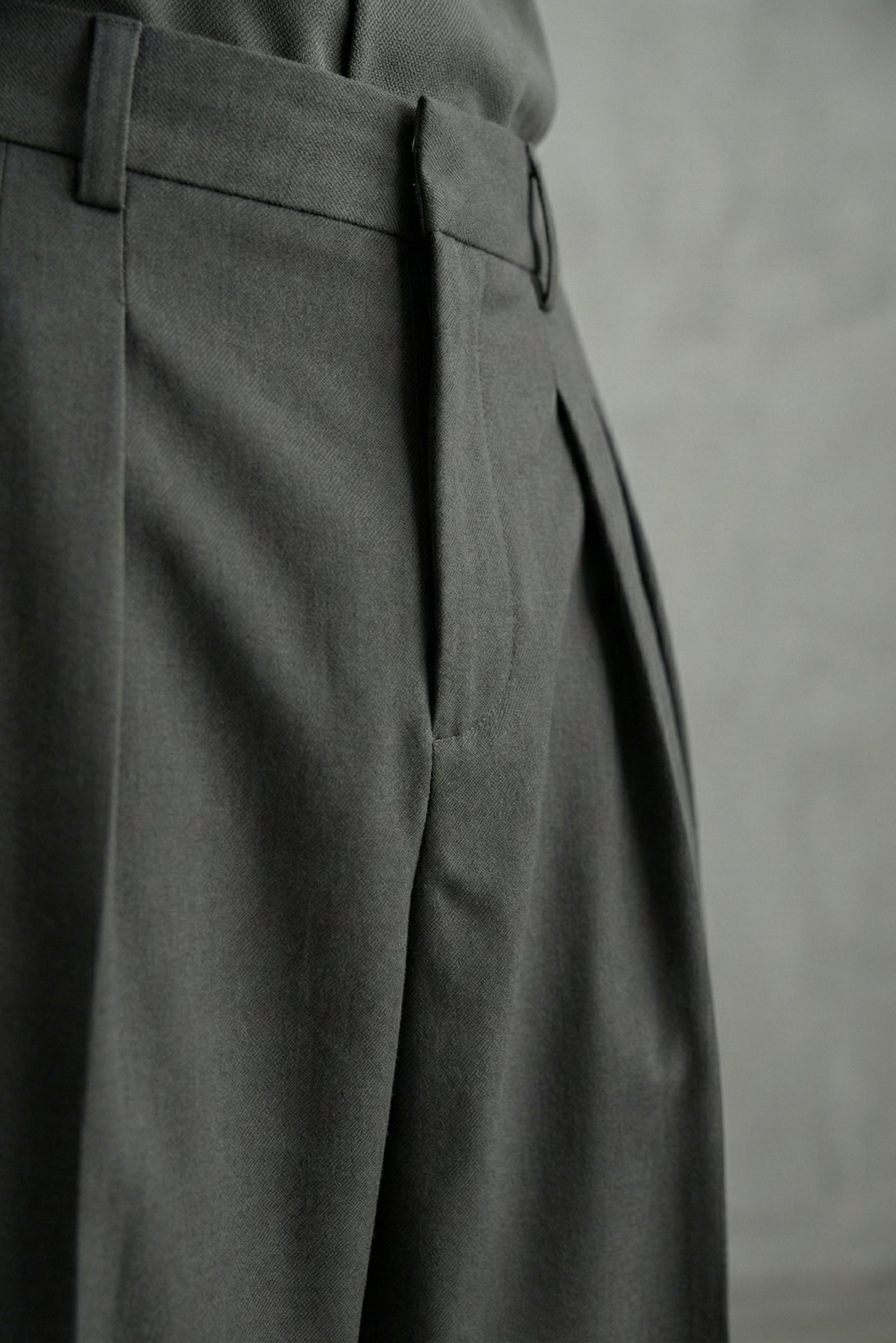 Dark gray pleated pants on a matching background