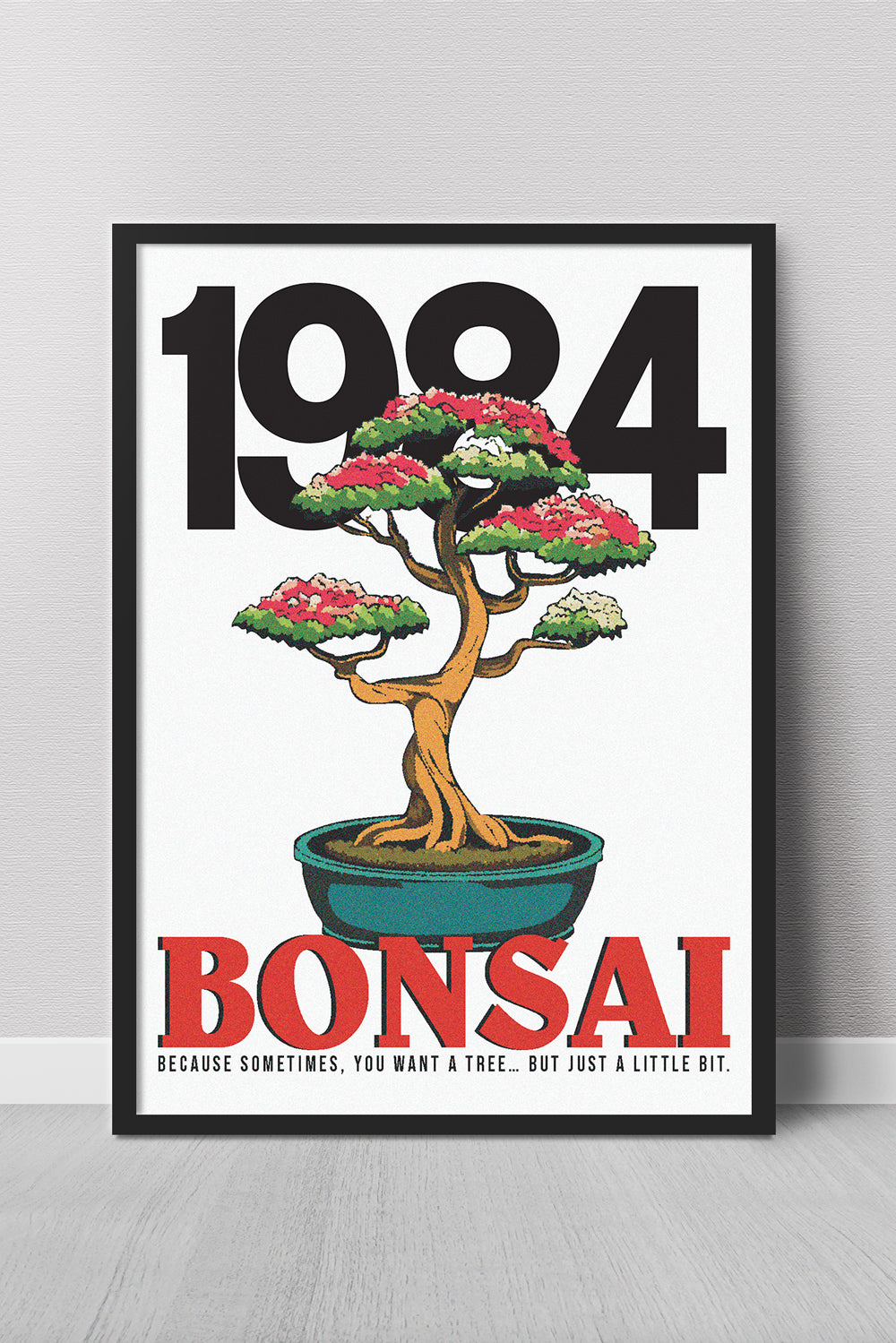 Framed artwork with a bonsai tree and text on a white background