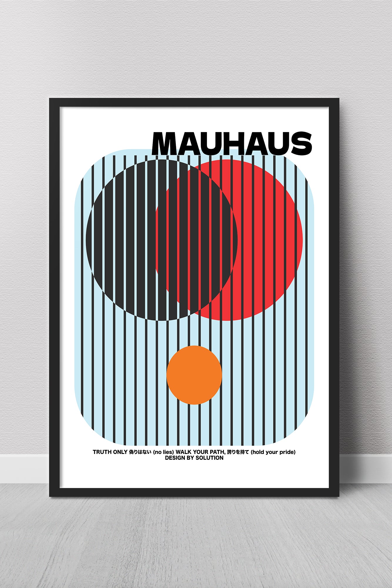 Framed poster with geometric design and 'MAUHAUS' text on a white background