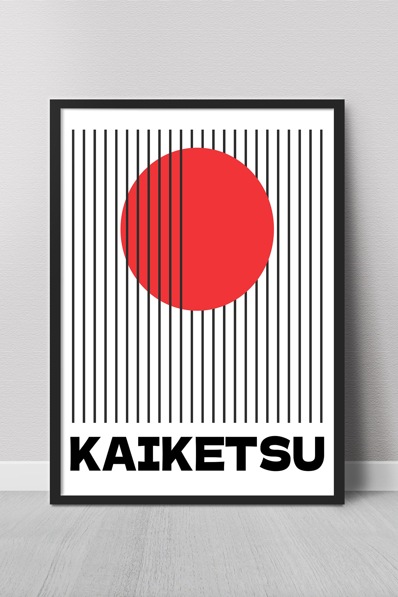 Framed poster with a red circle and black vertical lines on a white background, featuring the word 'KAIKETSU'.