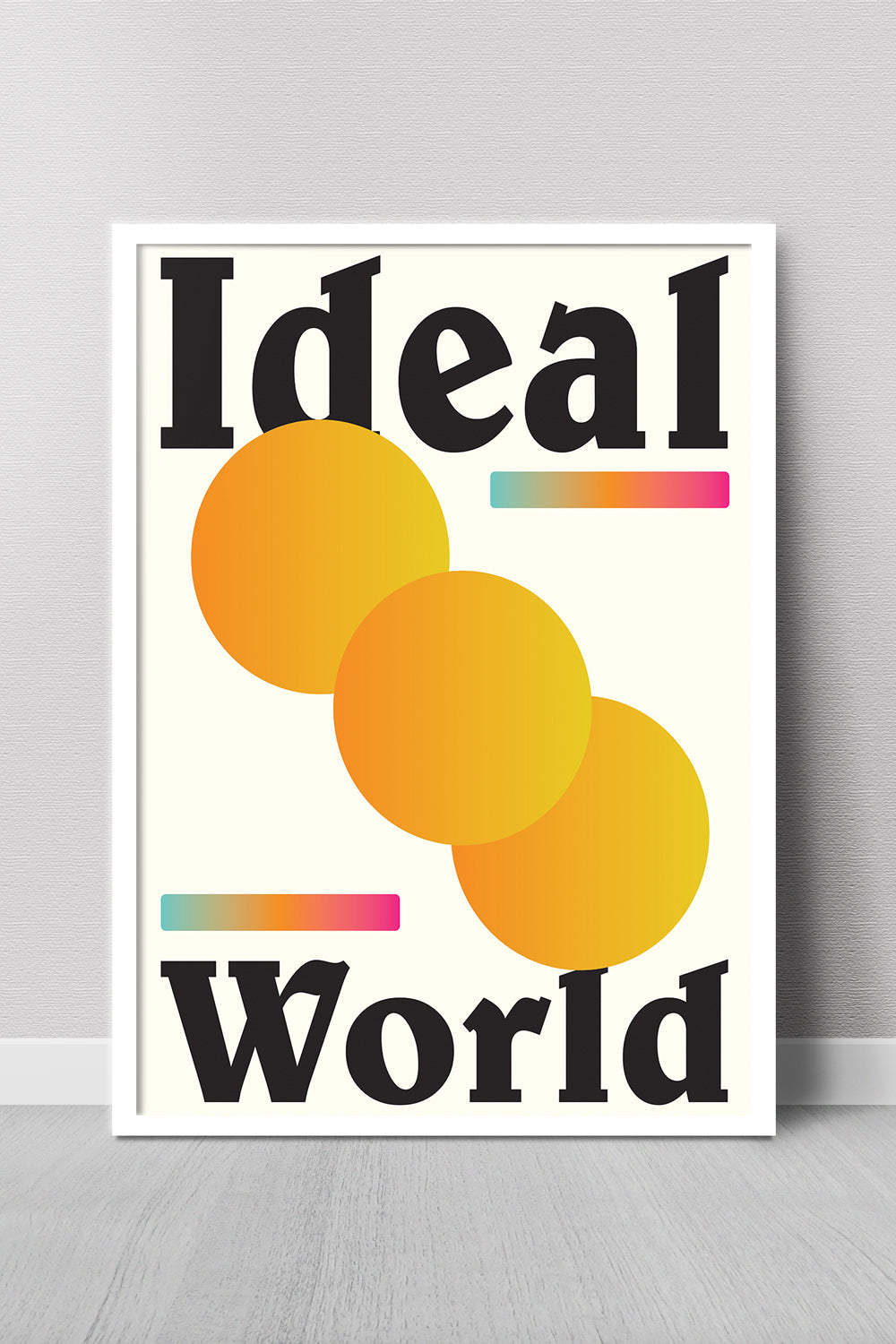 Poster with 'Ideal World' text and colorful design on a gray background