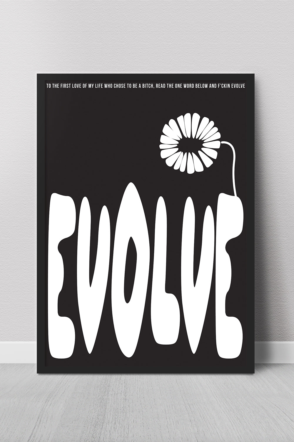 Poster with the word 'EVOLVE' and a dandelion graphic on a black background.