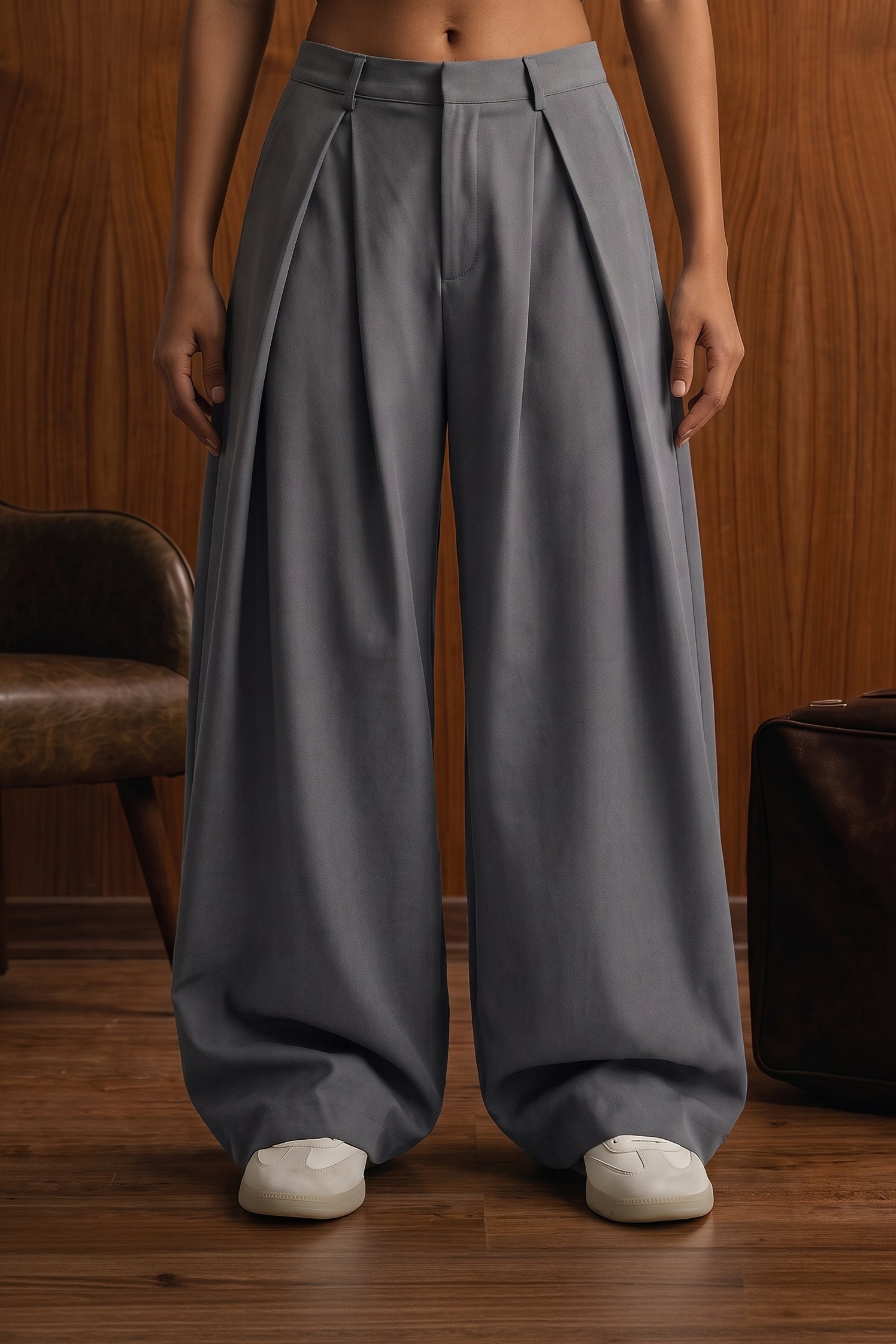 The Aria Wide Pleated Trousers — Concrete Grey