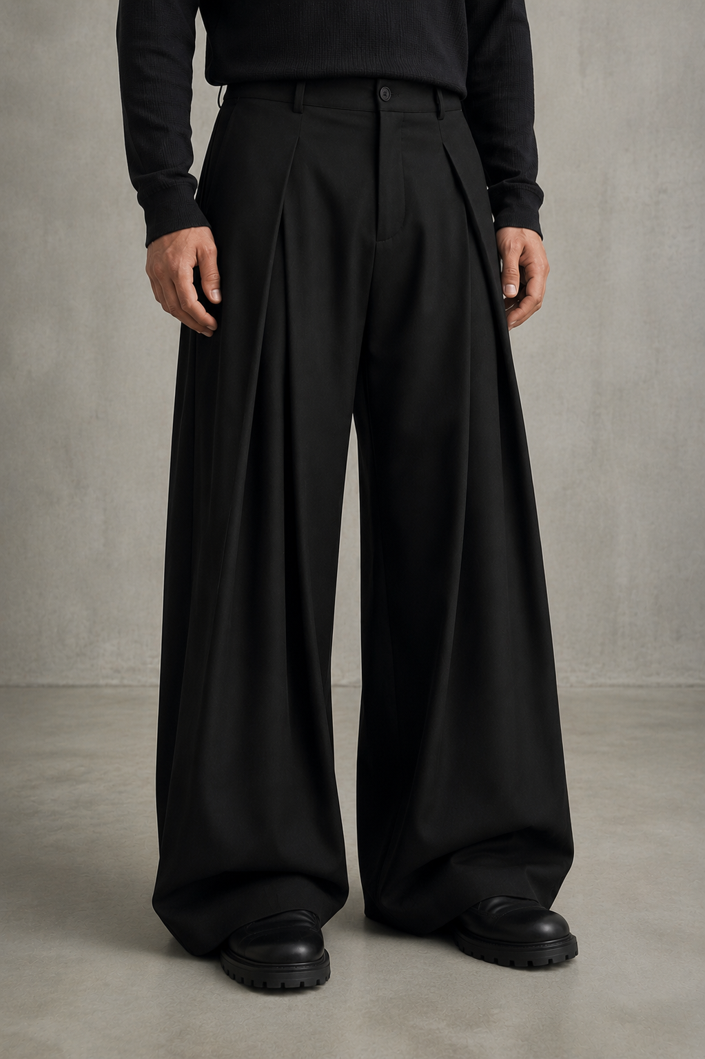 A person wearing black wide-leg pleated trousers with a black long-sleeve top and black shoes, standing against a textured gray studio wall and floor.