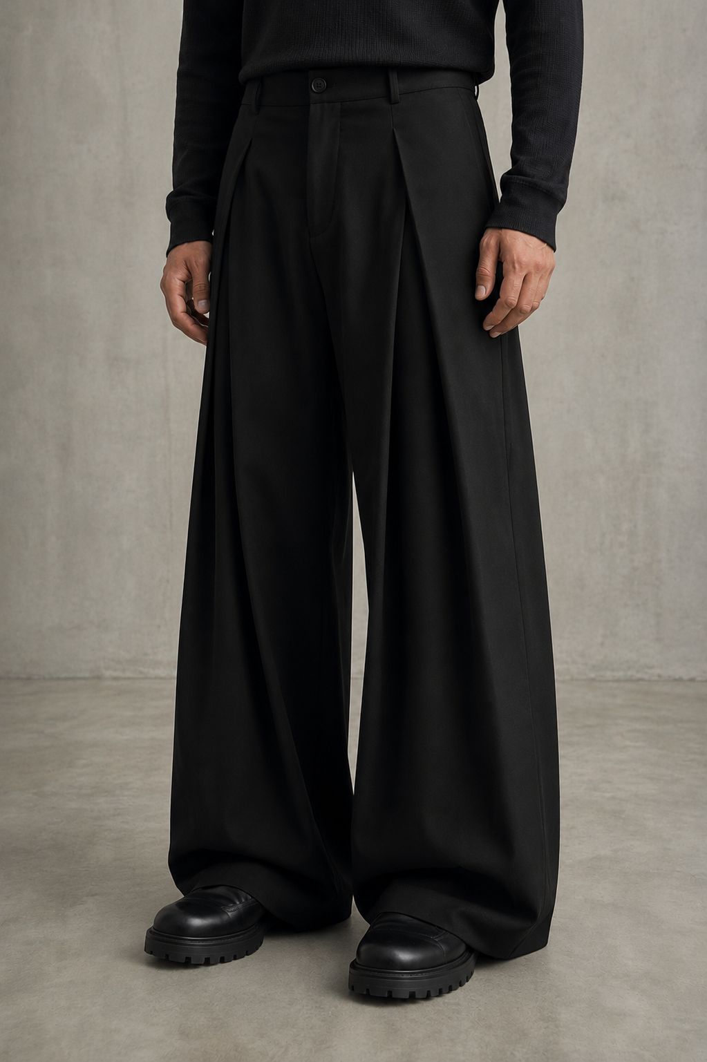 A person wearing black wide-leg pleated trousers with a matching black long-sleeve top and black chunky platform shoes, standing against a textured gray studio wall and floor.