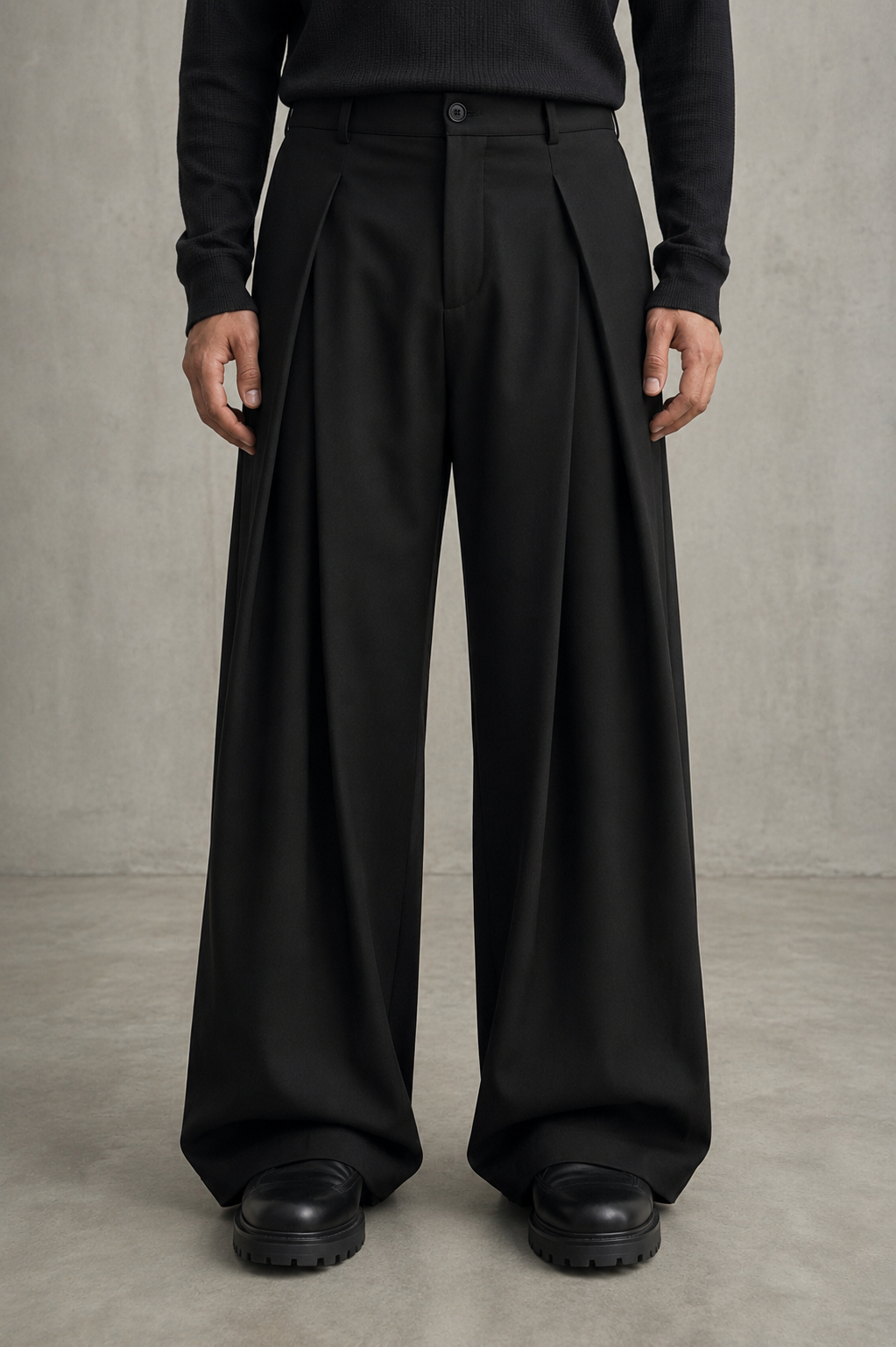 A person wearing black wide-leg pleated trousers with a black long-sleeve top and black platform shoes, standing against a textured gray studio wall and floor.