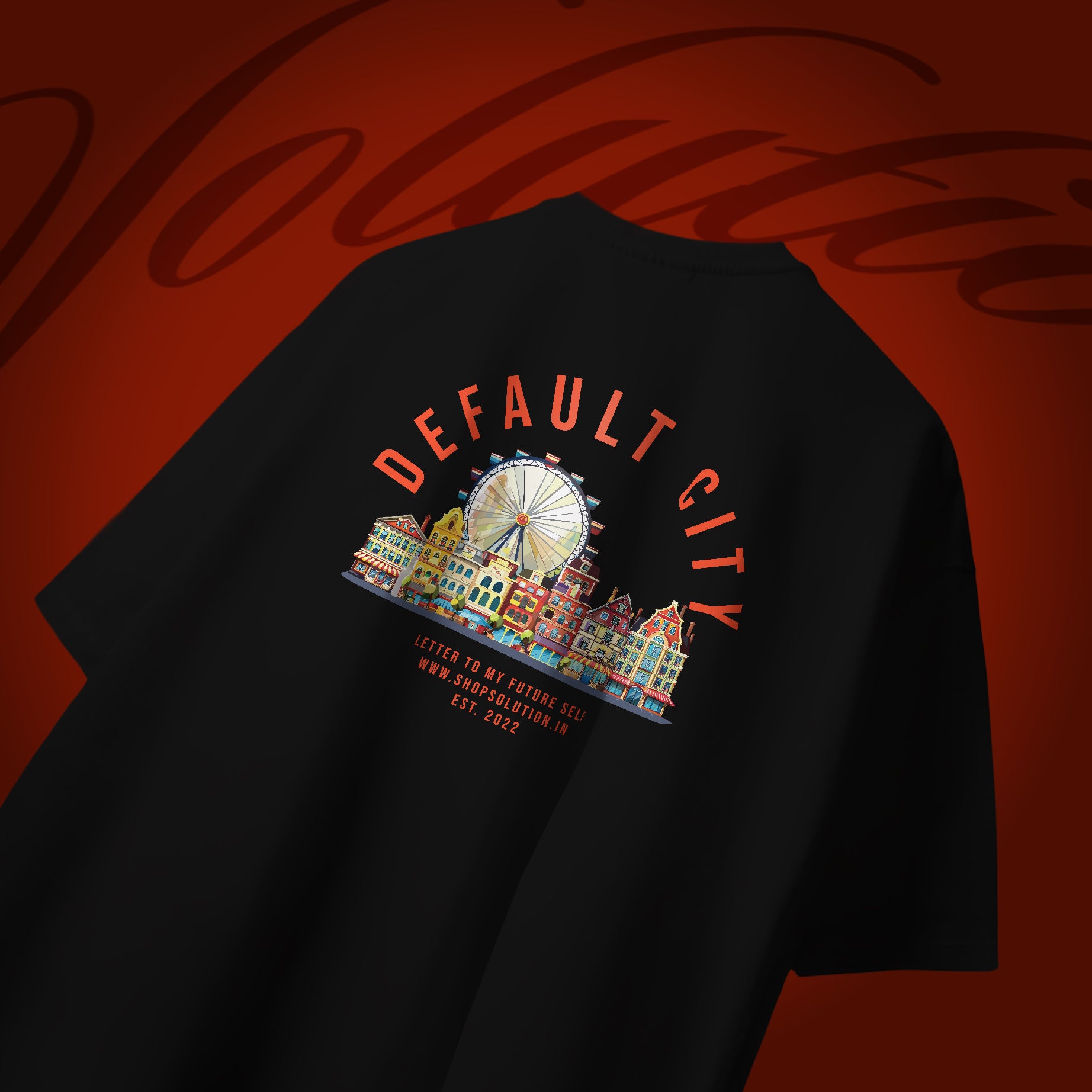 Black t-shirt with 'Default City' graphic design on a dark red background