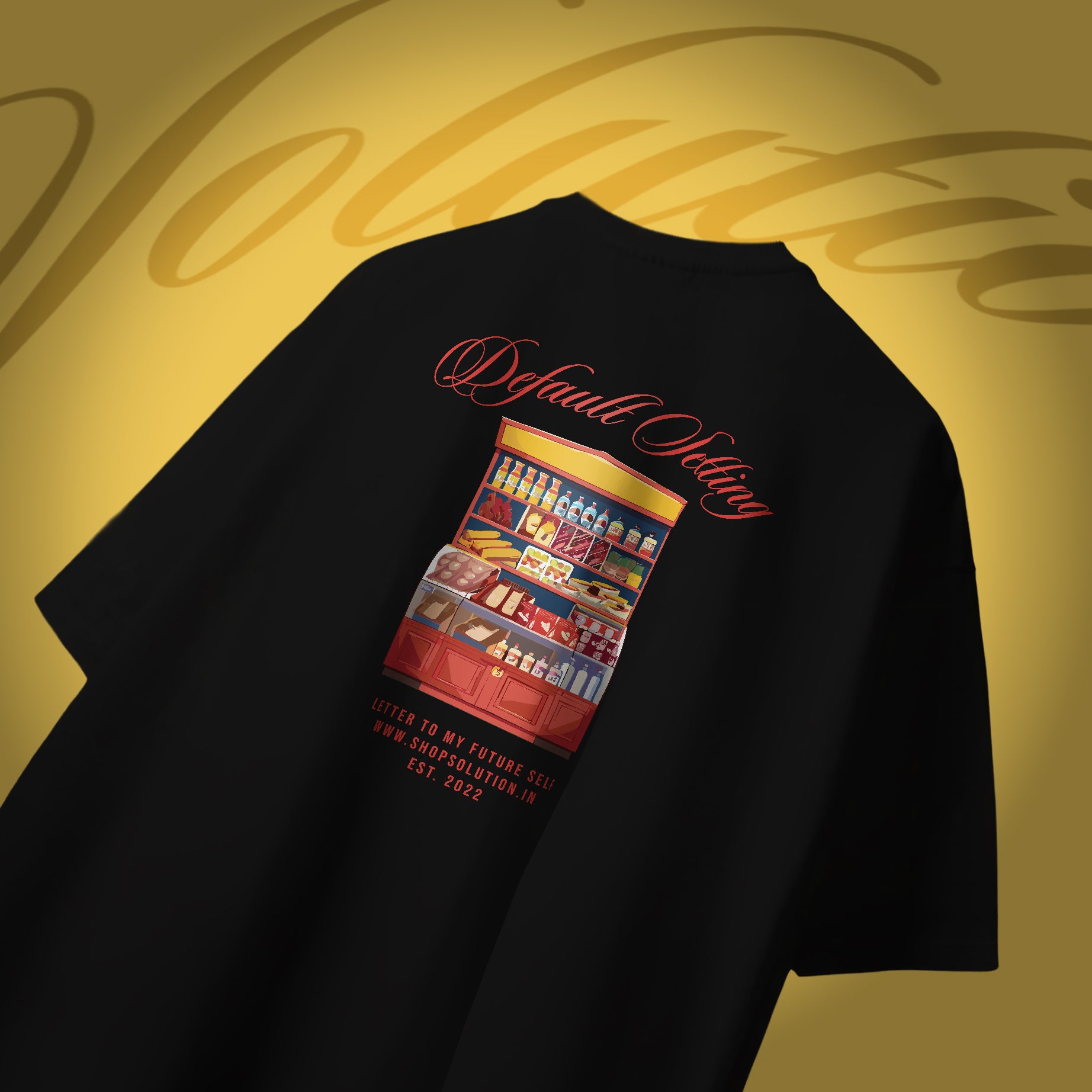 Black t-shirt with colorful graphic and text on a yellow background