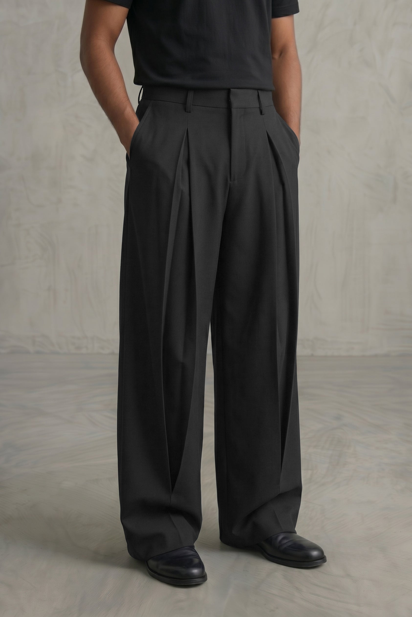 The Lenz Wide Pleated Trousers — Obsidian