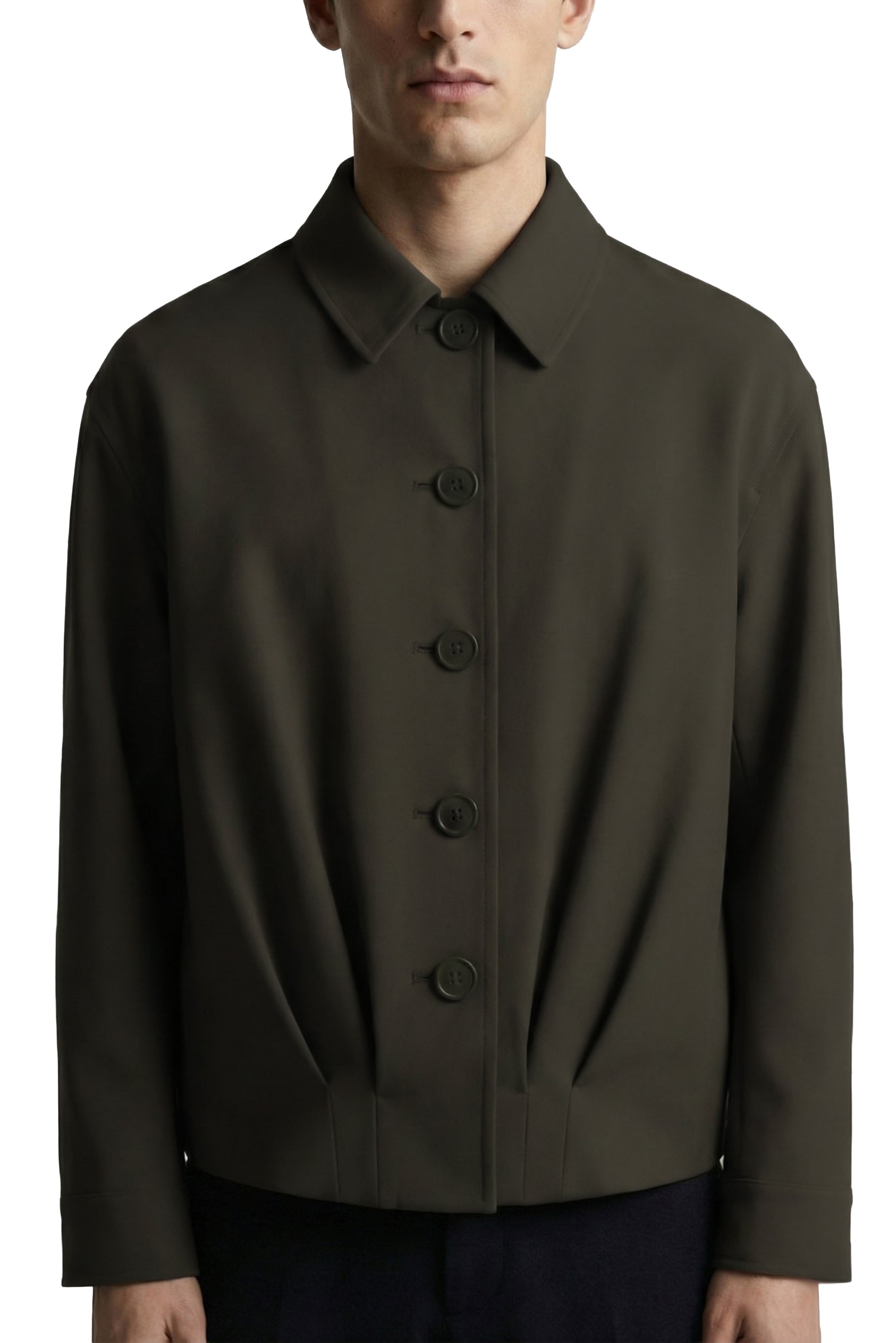 Dark green button-up shirt worn by a person on a white background