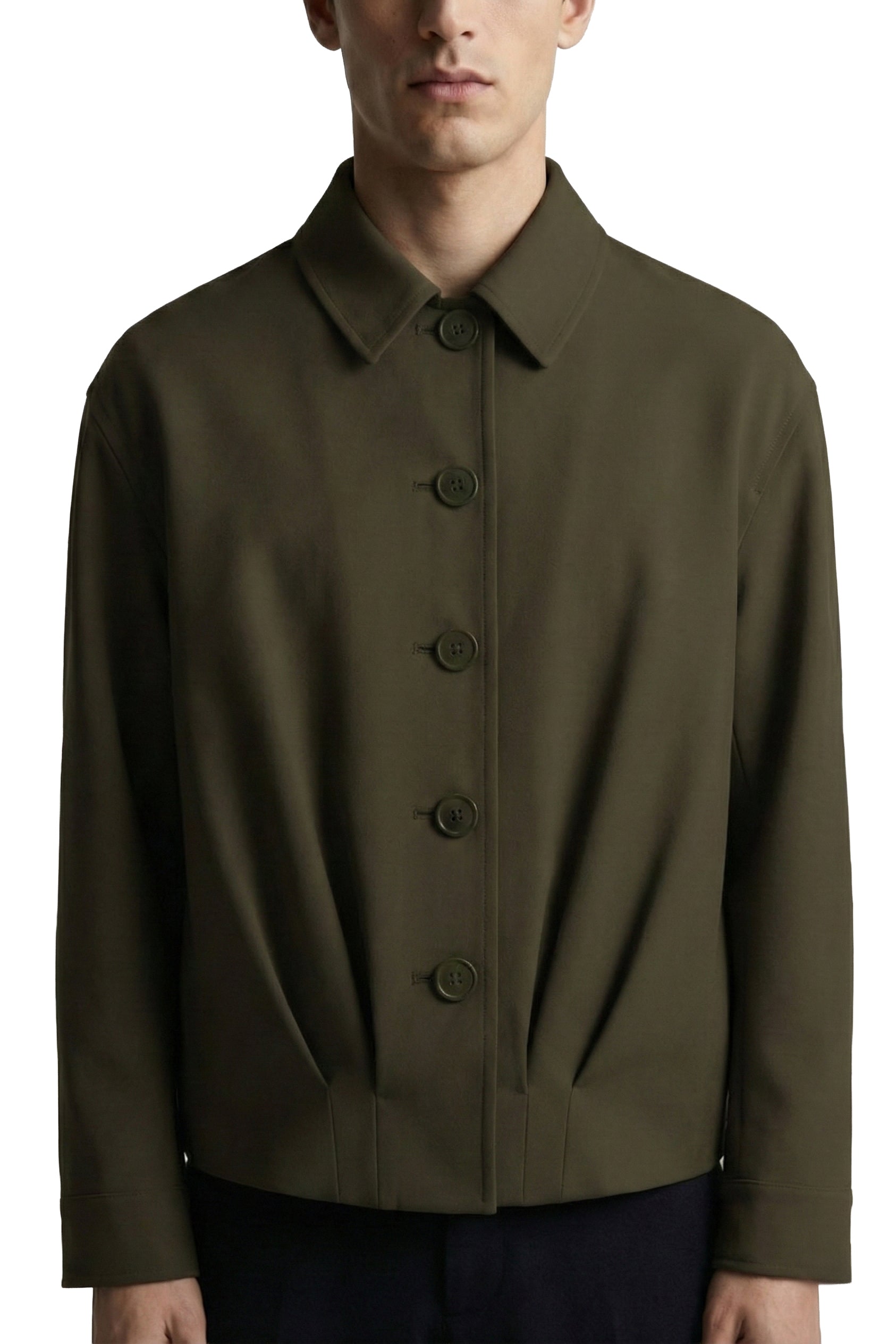 Man wearing a green jacket with buttons on a white background