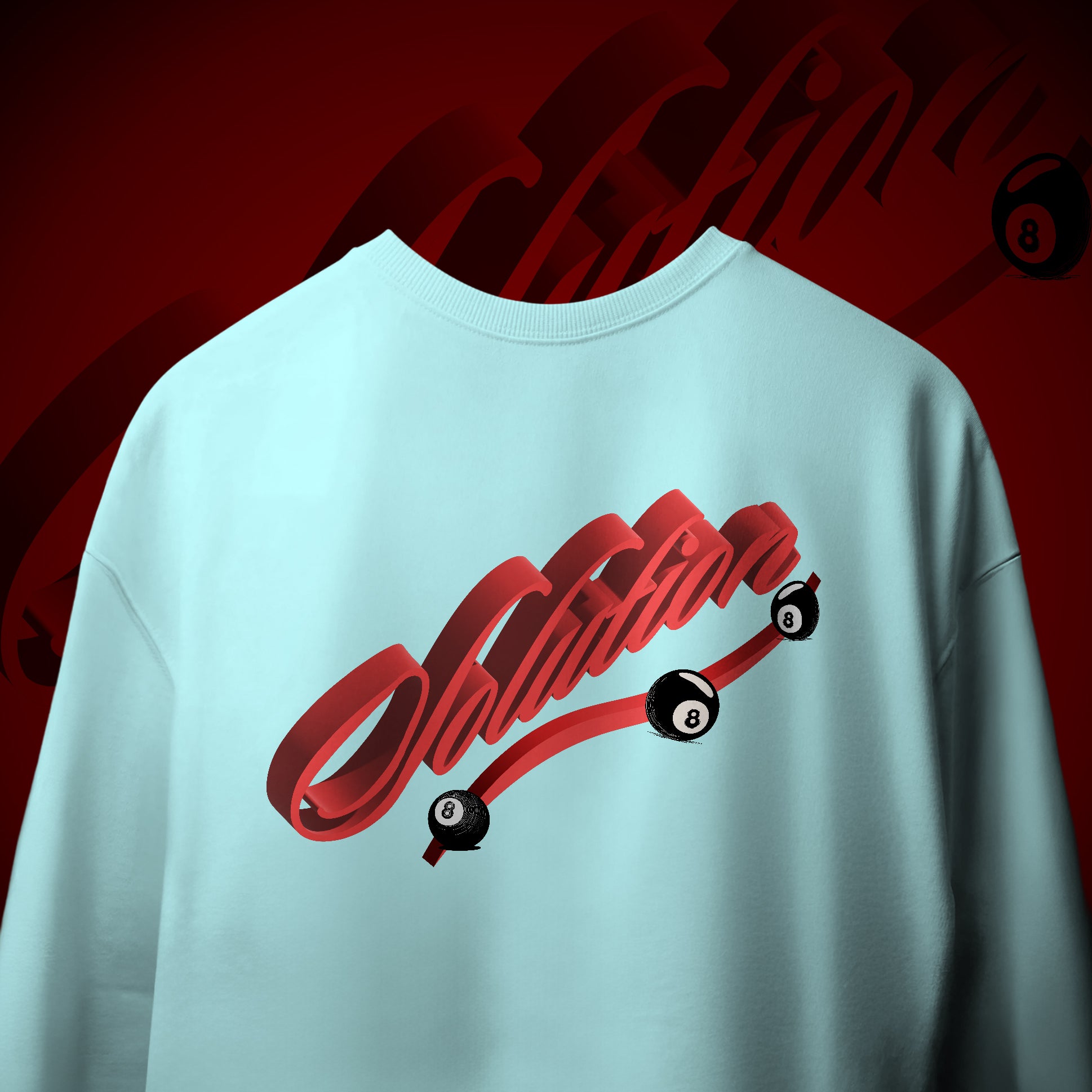 Light blue t-shirt with red graphic design on a dark red background