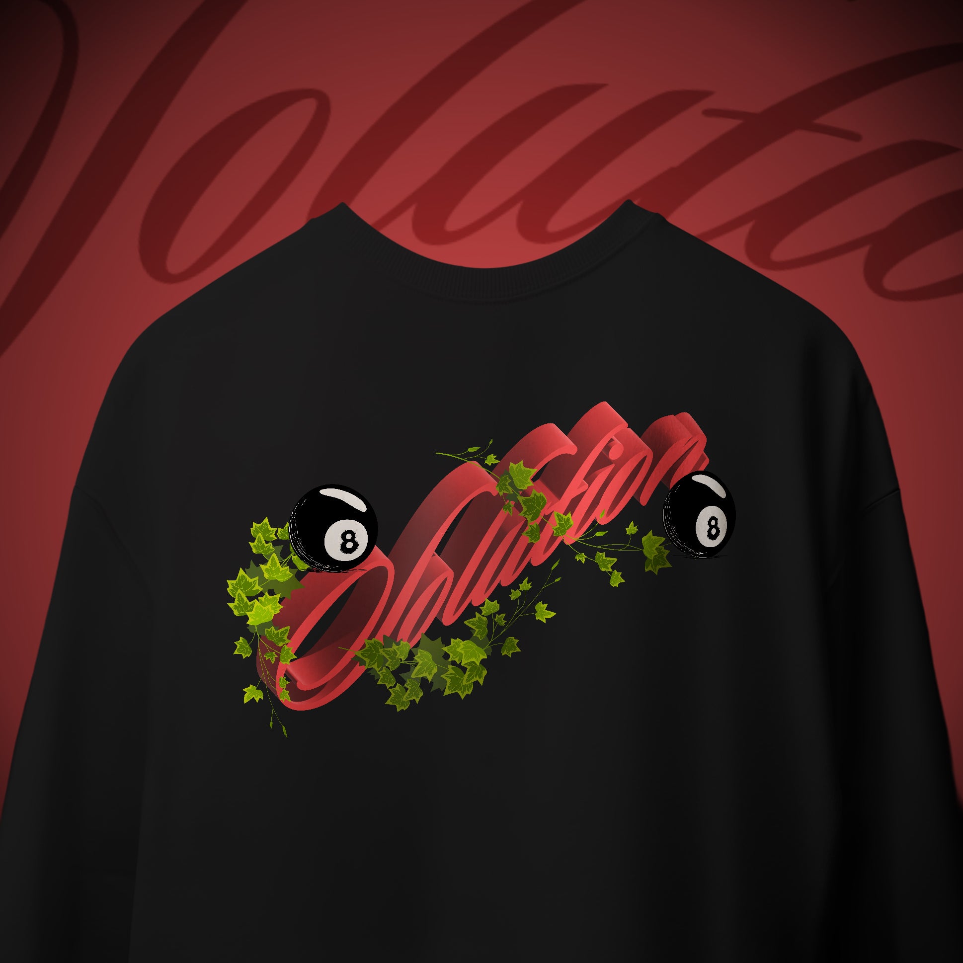 Black t-shirt with red and green design on a red background