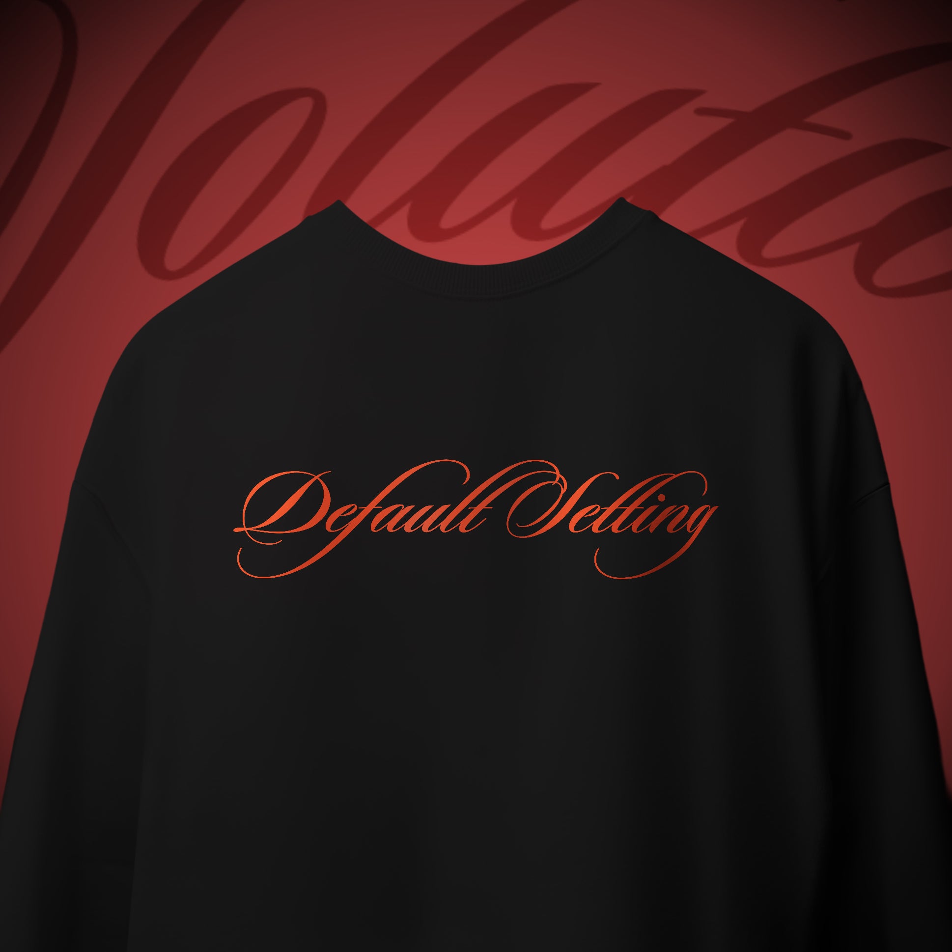 Black t-shirt with 'Default Selling' text on a red background