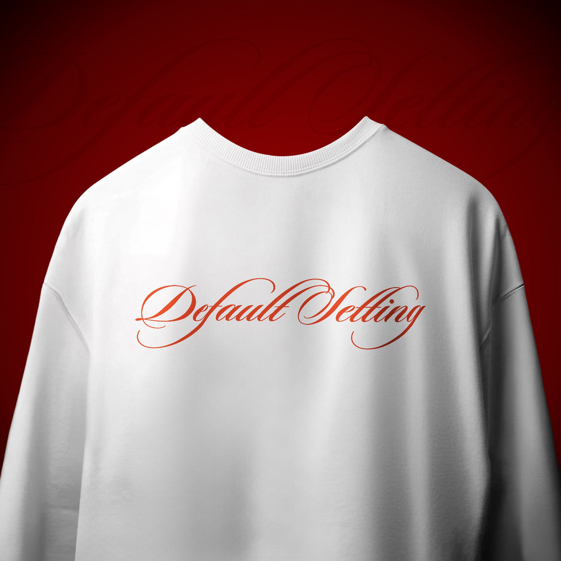 White t-shirt with 'Default Setting' text on a red background