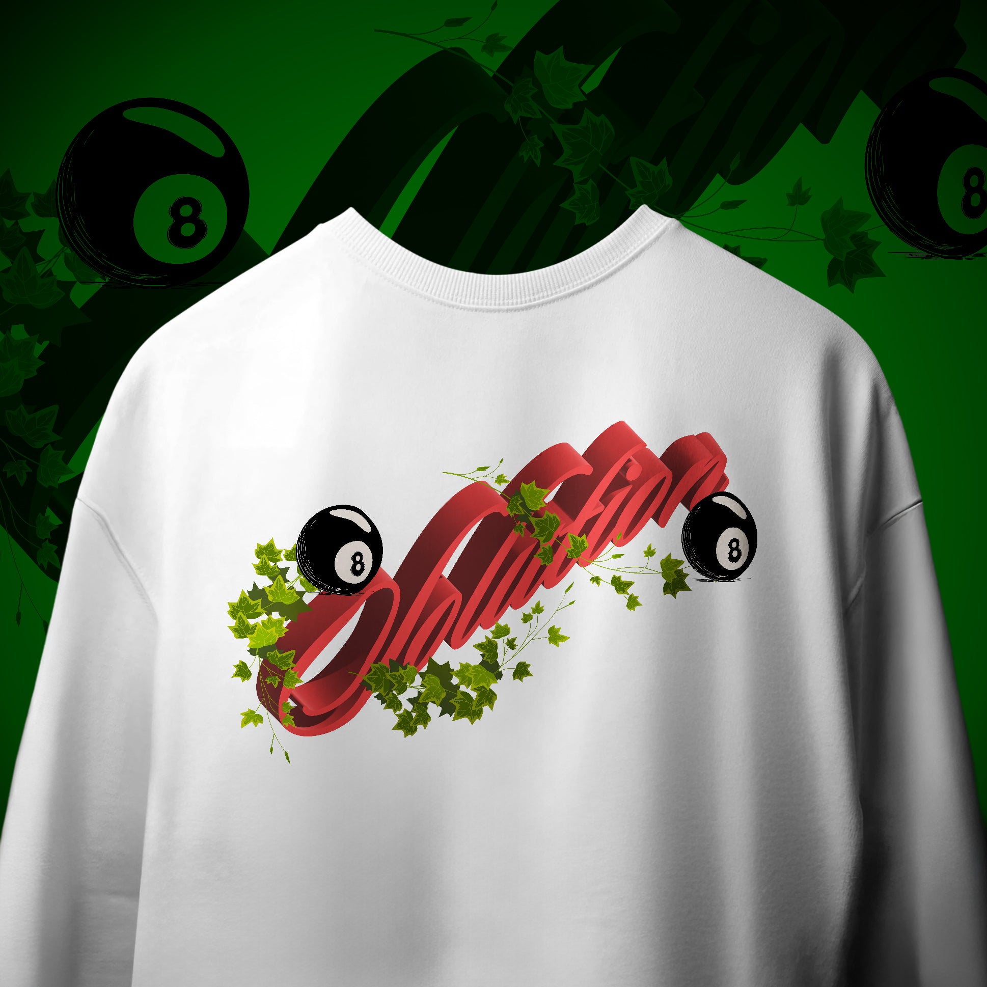 White t-shirt with red text and billiard ball design on a green background with pool balls.