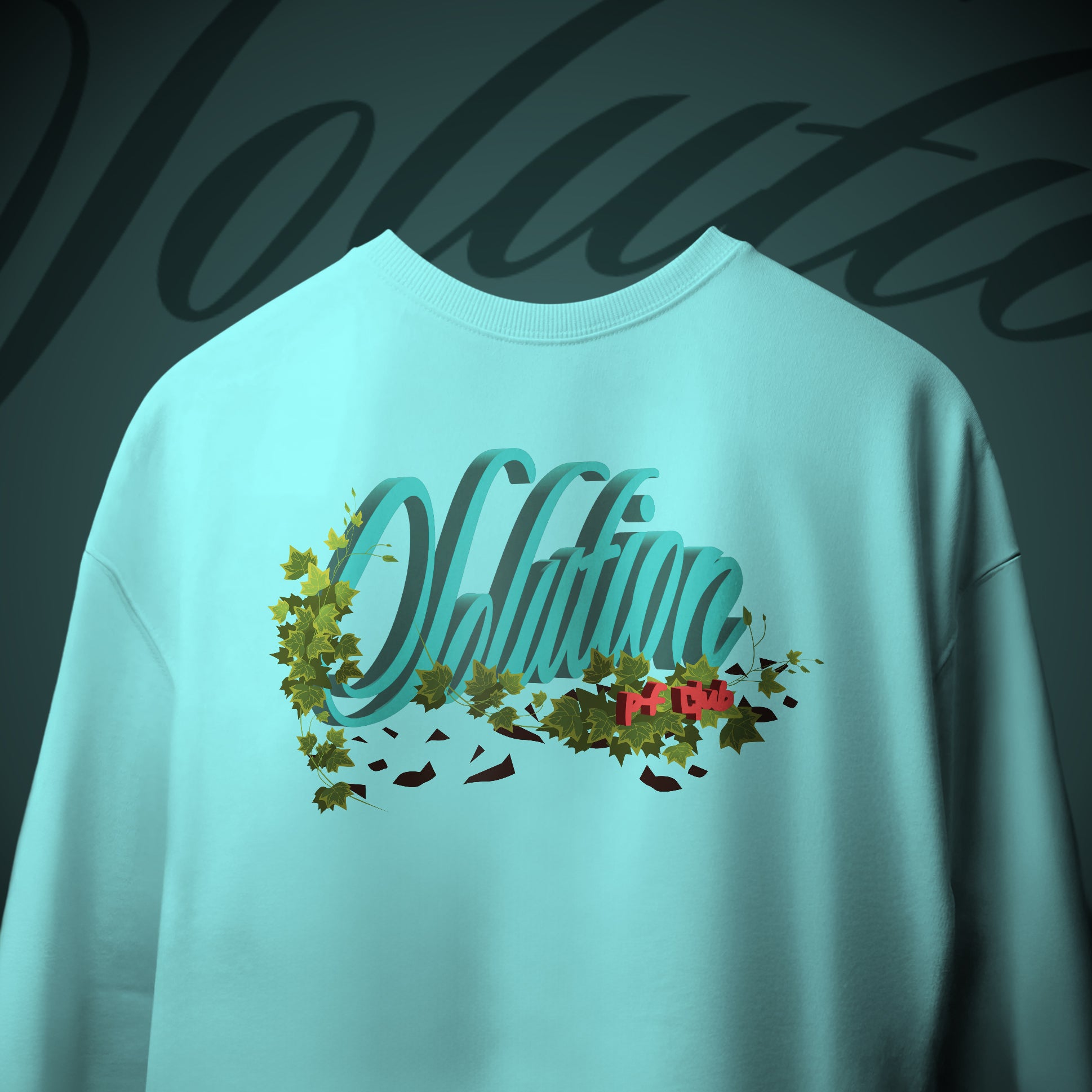 Light blue sweatshirt with decorative text and graphics on a dark background