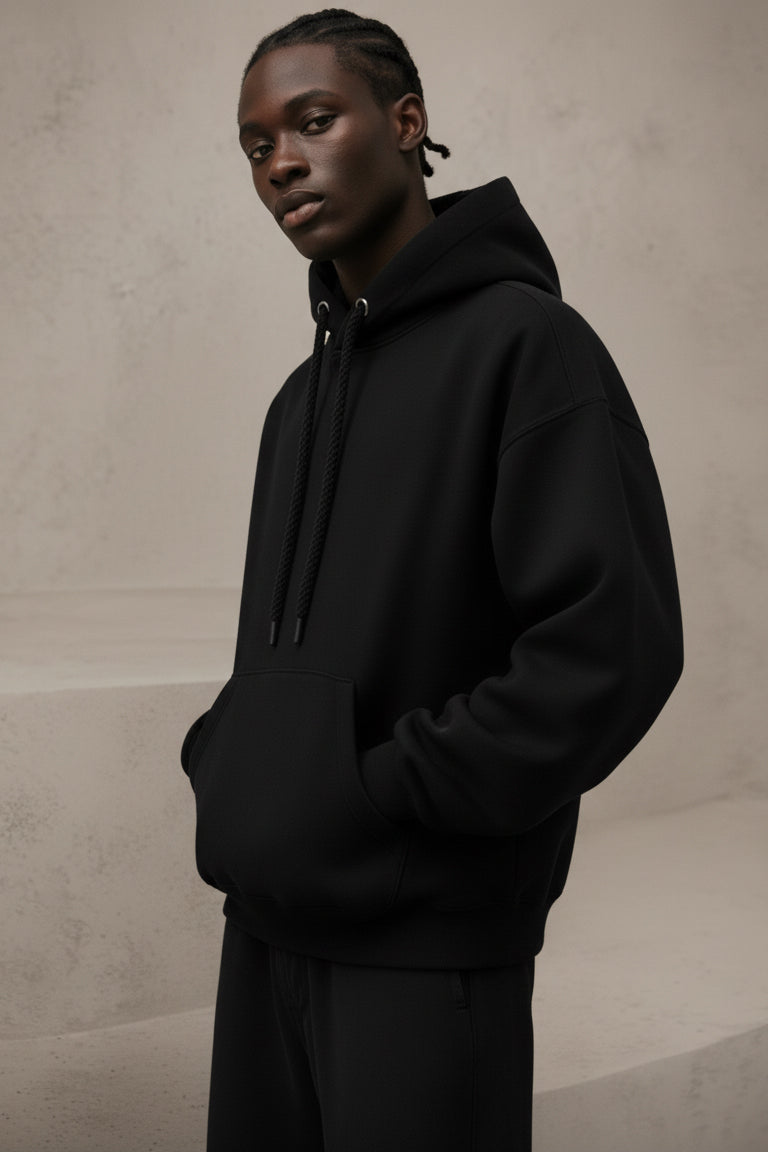 Person wearing a black hoodie against a beige background