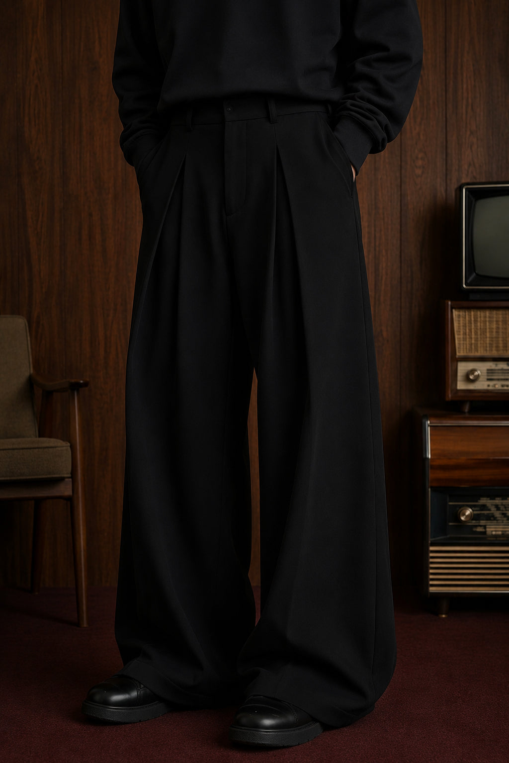 A person wearing black wide-leg pleated trousers with a matching black top, standing in a dimly lit room with wood-paneled walls and vintage electronics in the background.