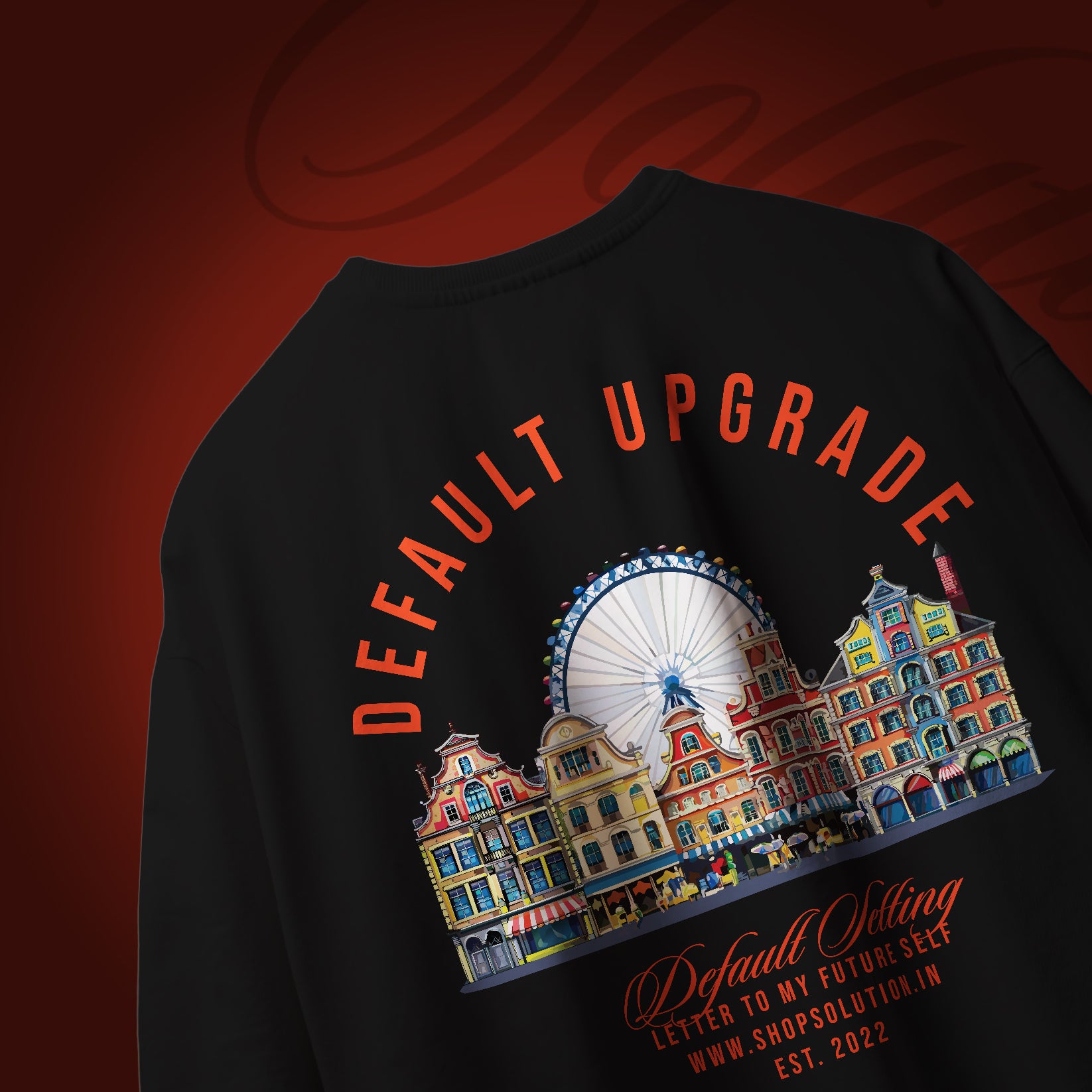 Black t-shirt with colorful graphic and 'DEFAULT UPGRADE' text on a dark background