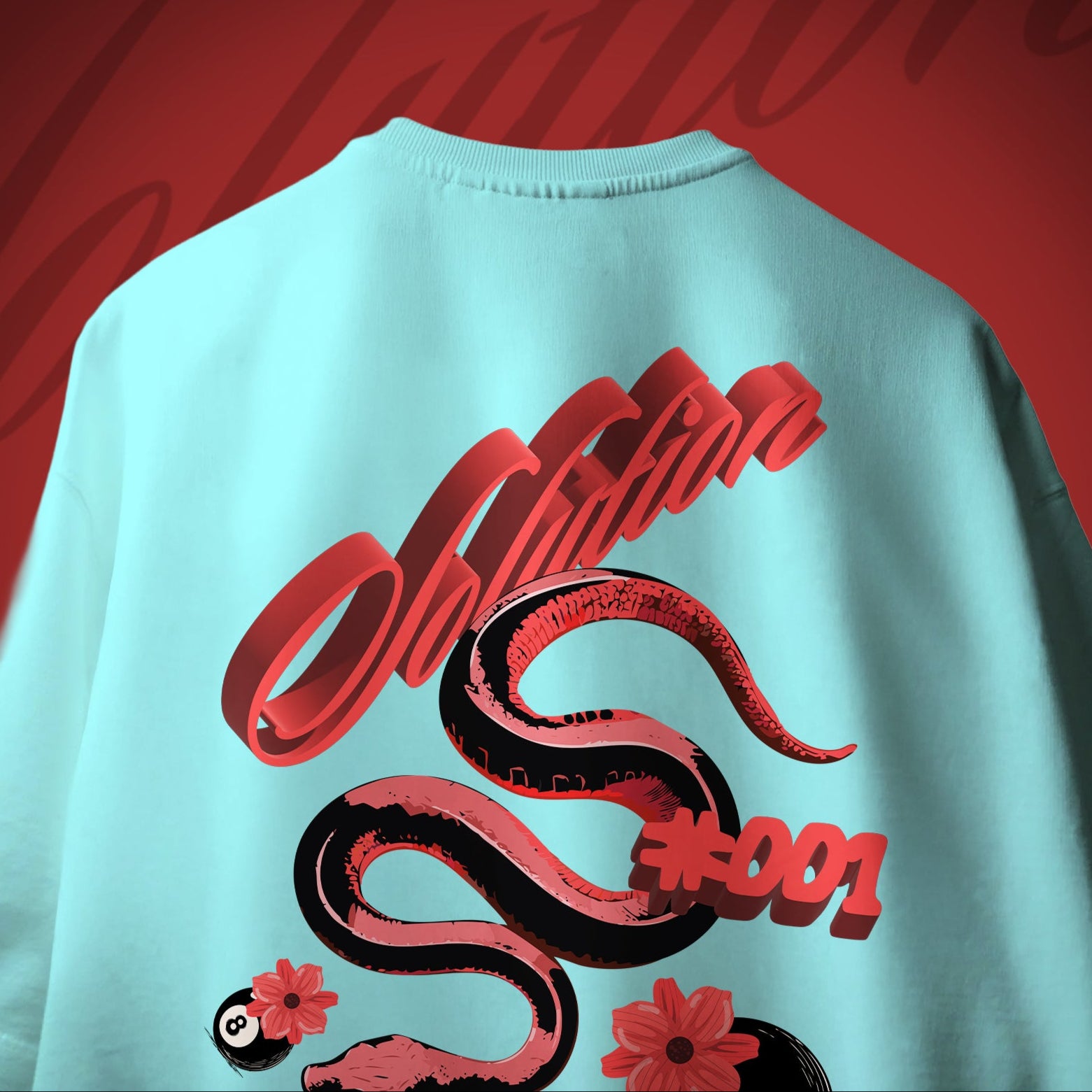 Light blue t-shirt with red and black snake design on a red background