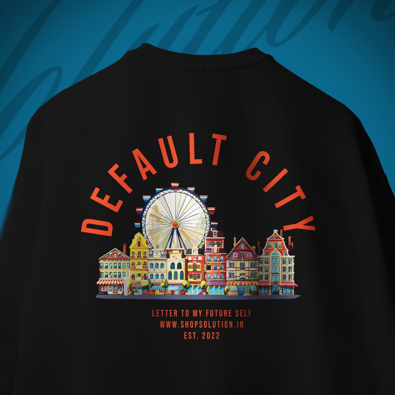 Black t-shirt with 'DEFAULT CITY' graphic design on a blue background