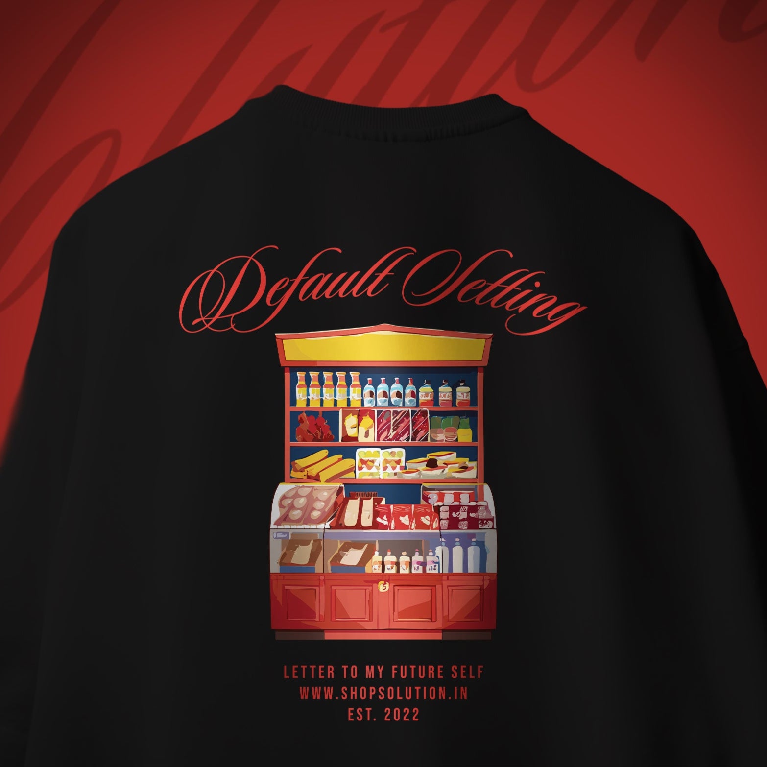 Black t-shirt with a colorful graphic and text on a red background