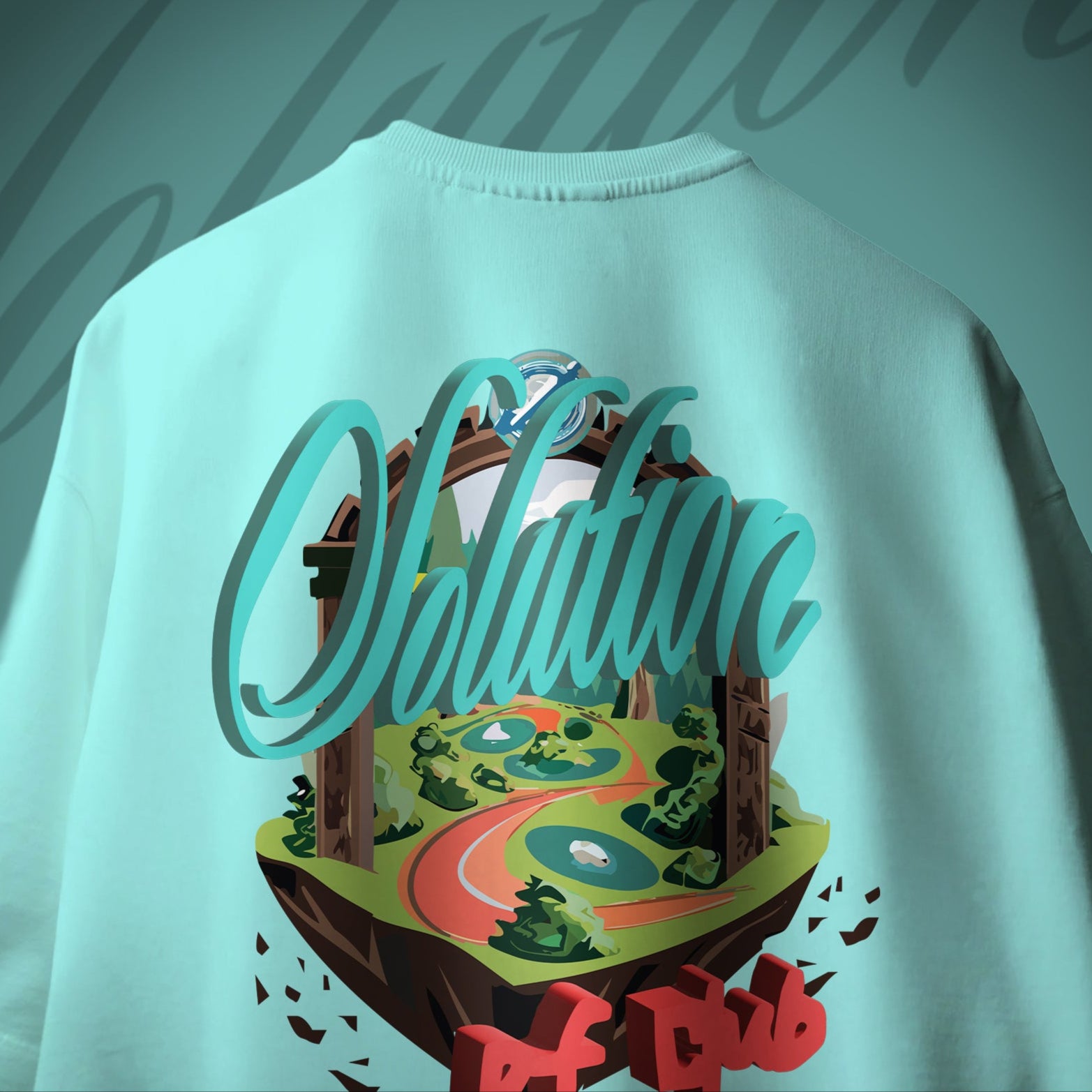 Light blue sweatshirt with a colorful graphic design on the back against a light green background.