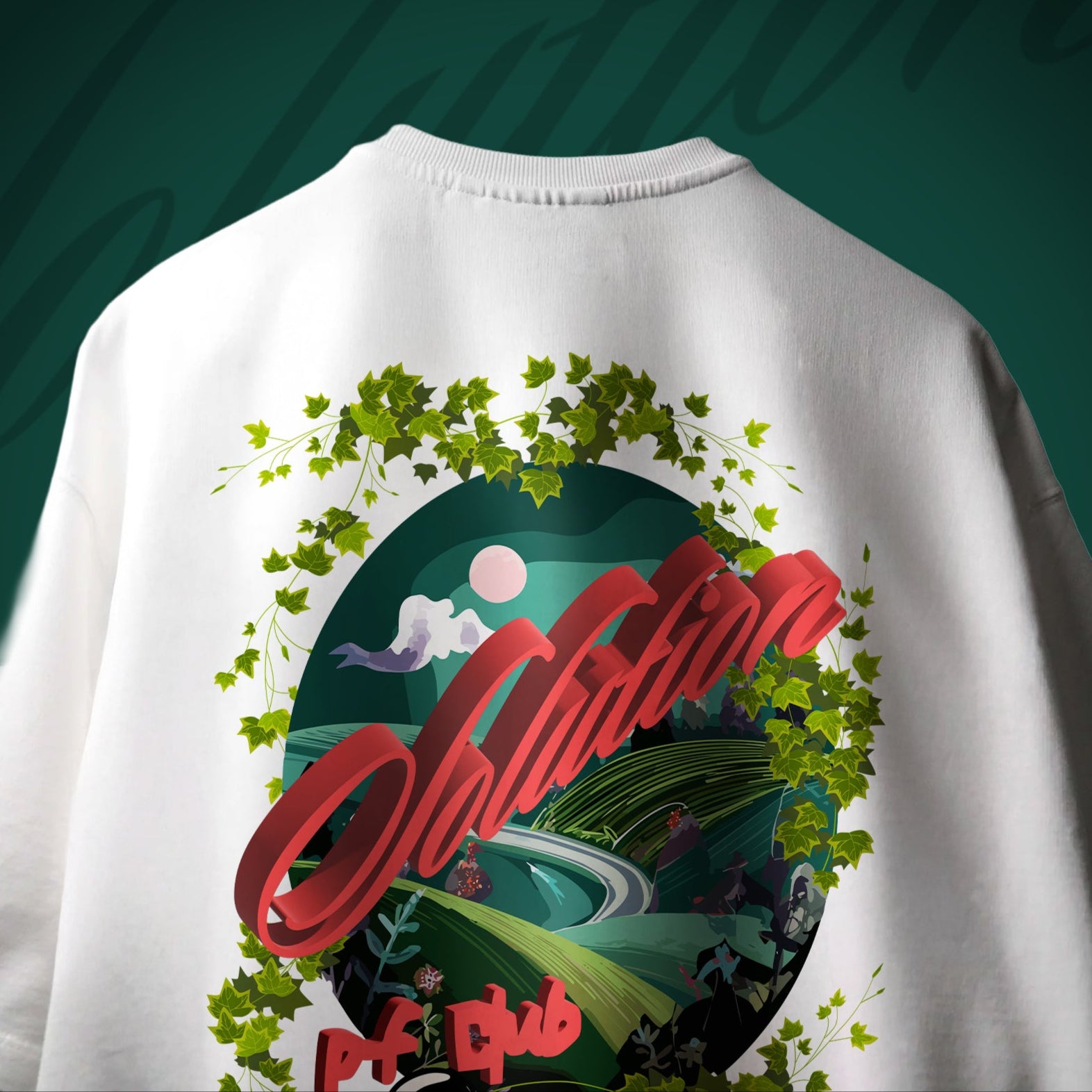 White t-shirt with a colorful graphic design on the back against a green background